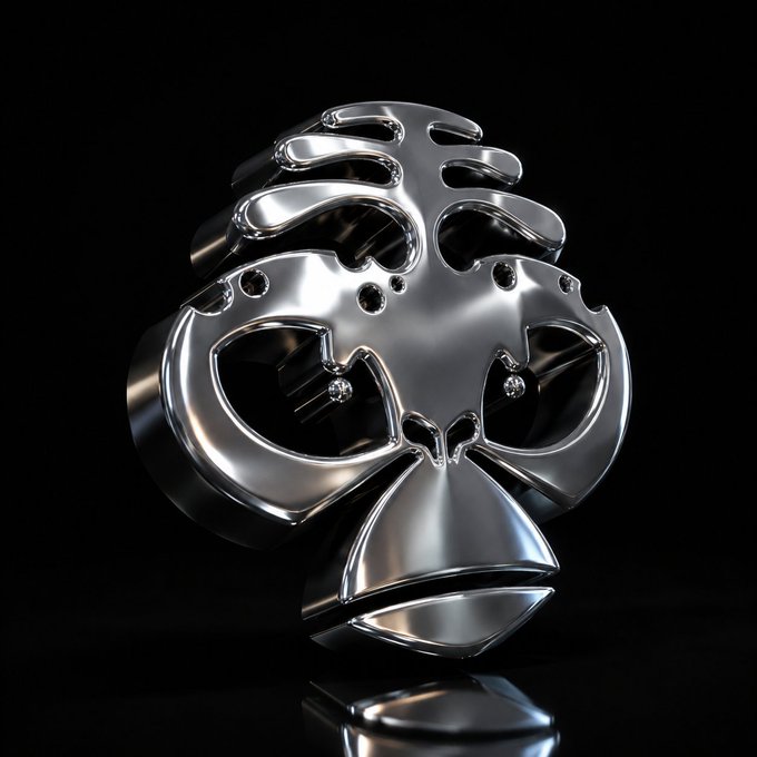 A 3D-rendered chrome skull with an octopus emerging from the top, displayed against a black background with reflections on the surface beneath it.