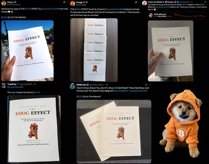 A social media feed showing posts about 'THE $DOG EFFECT' book by @cryptolution101, with multiple images of people holding copies of the book featuring a Shiba Inu on the cover. Includes the tagline 'FROM LAUNCH $DOG RIPPLE. FOREVER ON BITCOIN.' and a cute dog in an orange Bitcoin hoodie.