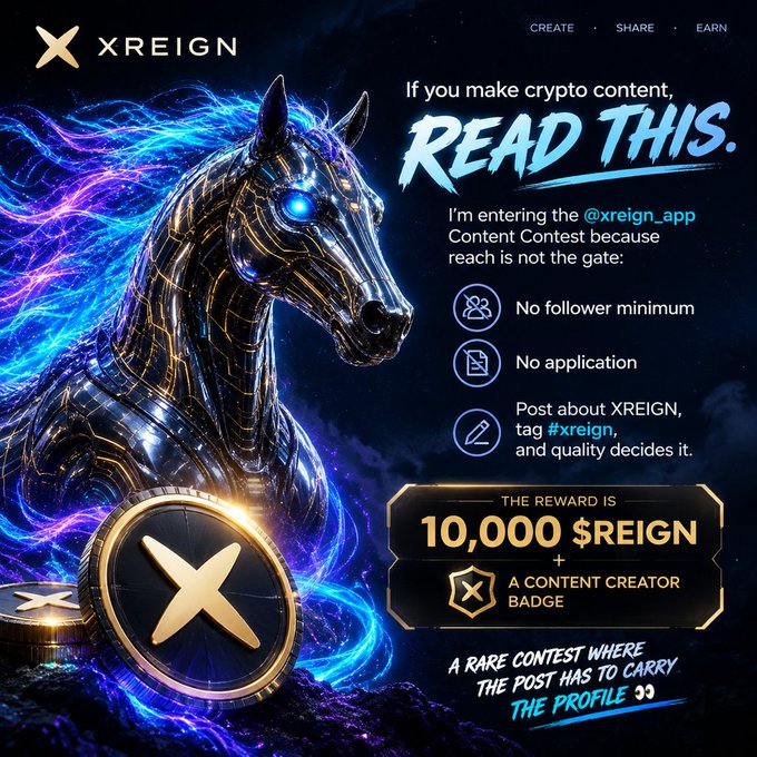 An advertisement for XREIGN's content contest, featuring a metallic blue and gold horse, offering a 10,000 $REIGN reward and a content creator badge with no follower minimum or application required.