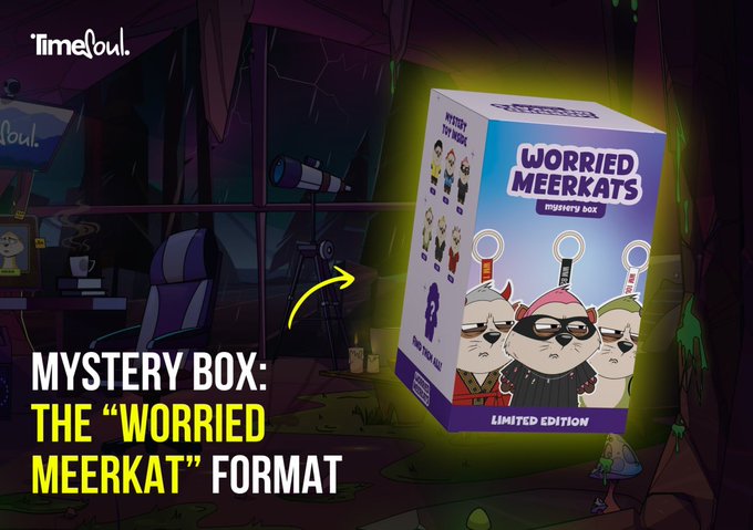 A Time Soul promotional graphic showcases the "Worried Meerkats" limited edition Mystery Box against a dark cave-themed background, with bold text highlighting the new mystery box format. The image complements the post by visually representing the app's Mystery Cave feature, where users collect themed boxes and characters through ongoing daily activities rather than a single transaction.