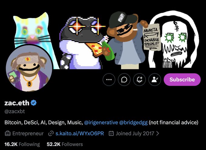 Twitter profile for zac.eth (@zacxbt) with NFT profile pictures, describing himself in "Bitcoin, DeSci, AI, Design, Music" with 16.2K Following and 52.2K Followers.