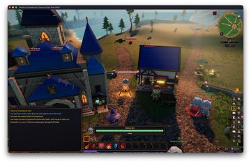 In-game screenshot of a fantasy multiplayer RPG or MMO showing a character standing near blue-roofed castle structures, with chat and UI elements visible.