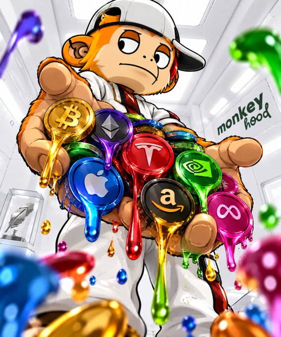 Digital artwork by 'monkey.hood' shows a cartoon monkey holding a cluster of colorful, dripping logos for various tech and crypto companies, including Bitcoin, Apple, and Amazon.