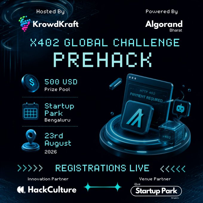A poster for the "x402 GLOBAL CHALLENGE PREHACK" event, powered by Algorand Bharat and hosted by KrowdKraft, with a 500 USD prize pool at Startup Park Bengaluru on 23rd August 2026.