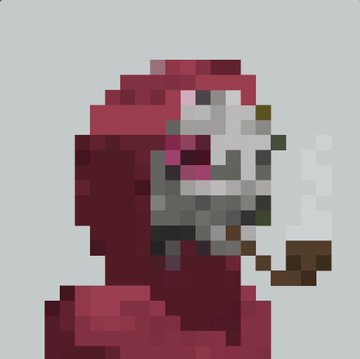 A low-resolution pixel art image depicts a figure wearing a maroon hooded garment with a gray, mask-like face featuring pink and dark accents.