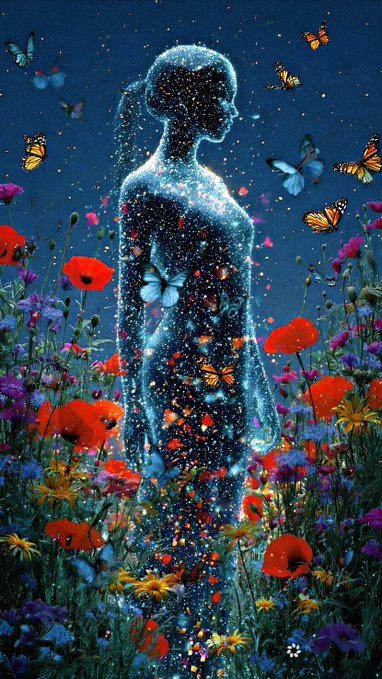 A digital artwork depicts a glowing, ethereal silhouette of a woman standing in a vibrant field of colorful flowers at night, surrounded by flying butterflies.