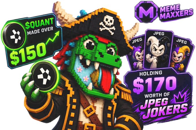 A pixel-art pirate crocodile character promotional image showing $QUANT made over $150 with $170 worth of JPEG Joker JPEGs from Meme Maxxxers.