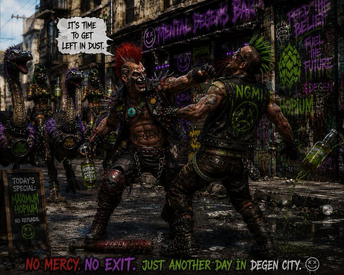 The image features two men dressed in punk rock clothing, engaged in a fight with each other. One of them has a gun, adding an element of danger to their confrontation. The background includes graffiti-covered buildings, suggesting that they are taking place in an urban setting. The caption on the post reads "NO MERCY. NO EXIT. Just another Monday in Degen City. Feed the belief. Fuel the future. Either you evolve... or get left in dust." This message seems to be a commentary on the current state of the world, with references to the ongoing pandemic and the importance of adapting to new ways of living.