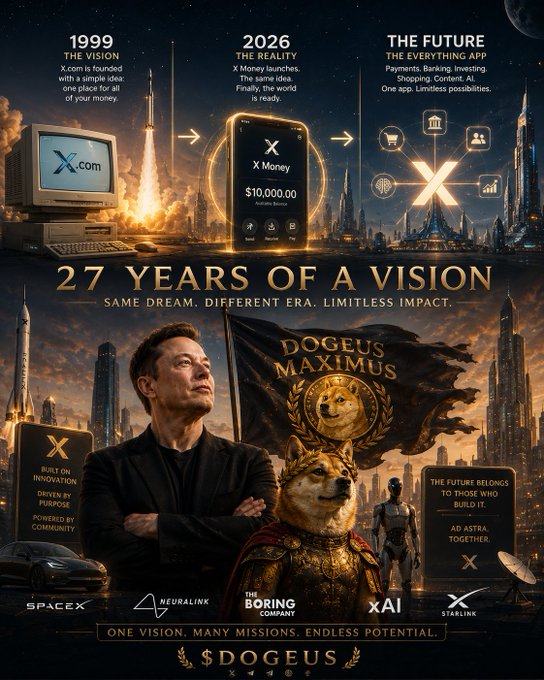The image is a stylized "27 Years of a Vision" promotional graphic celebrating Elon Musk's journey from founding X.com in 1999 to launching X Money in 2026, featuring imagery of rockets, futuristic cities, a Roman-style "Dogeus Maximus" Doge figure, and Musk's ventures (SpaceX, Neuralink, The Boring Company, xAI, Starlink), aligning with the post's theme of persistence and conviction behind the $DOGEUS token.