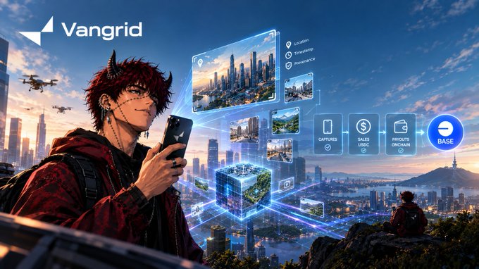 An anime-style character with red hair holds a smartphone displaying the 'Vangrid' logo, with a futuristic cityscape and digital data panels in the background.