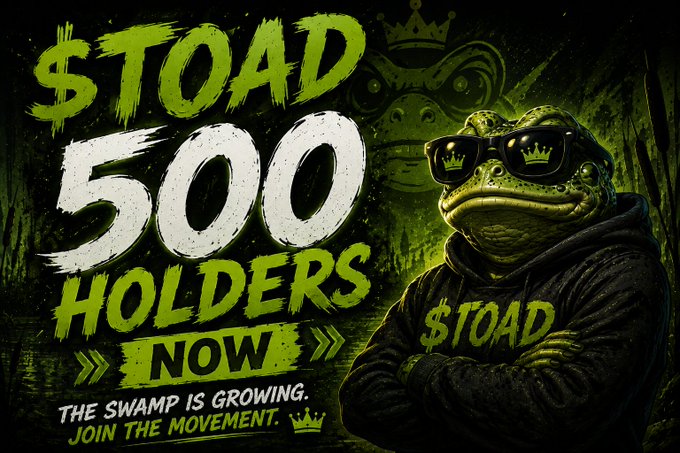 Promotional graphic for "$TOAD" celebrating 500 holders, featuring a green toad wearing sunglasses and a hoodie, with the text "THE SWAMP IS GROWING. JOIN THE MOVEMENT."
