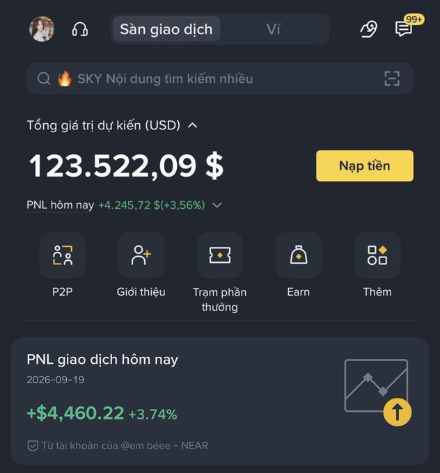 A Vietnamese cryptocurrency exchange mobile app interface ('Sàn giao dịch' / 'Ví') showing a total estimated value of '123.522,09 $' with a daily PNL of '+4.245,72 $ (+3,56%)' and today's trading profit of '+$4,460.22 +3.74%'.