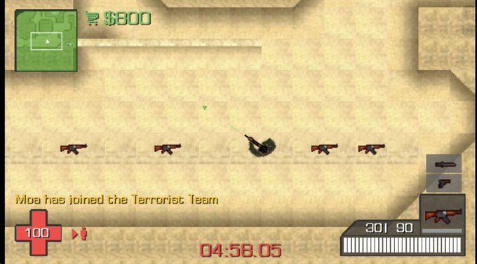 Screenshot from a Counter-Strike mobile game showing gameplay with a player joining the Terrorist Team, a $800 cart icon, AK-47 weapon, and timer at 04:58.05.