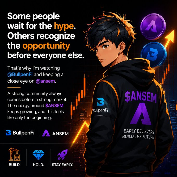 A promotional crypto graphic featuring an anime-style character in a $ANSEM hoodie, advertising BullpenFi and $ANSEM with the tagline 'Early Believers Build the Future.'