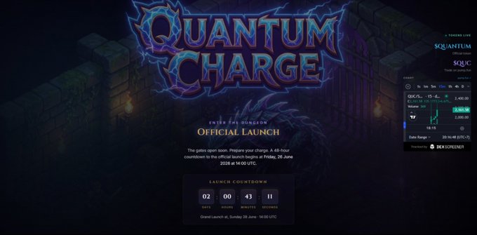 A promotional image for "Quantum Charge" displaying the game's logo against a dark dungeon backdrop, with text announcing an "OFFICIAL LAUNCH" and a countdown timer showing 2 days, 0 hours, 43 minutes, and 11 seconds until the Grand Launch on Friday, 27 June at 14:00 UTC, alongside a TradingView chart for the $QUC token showing a 15.4% gain to $0.00005840 on the SQuC/USD pair.