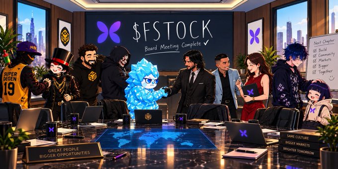 A digital artwork depicts a corporate 'FSTOCK' board meeting with diverse characters, anime figures, and a pixel-art snowman gathered around a conference table featuring the FSTOCK butterfly logo.