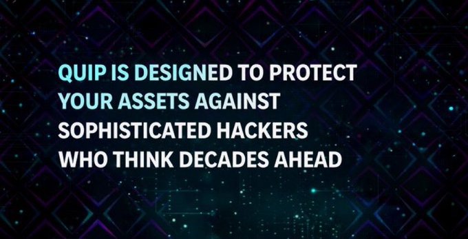The image features a dark blue background with white text that reads "quip is designed to protect your assets against sophisticated hackers who think decades ahead". The text is arranged in a blocky font, making it easy to read. The image also includes a small purple diamond shape and a small green triangle on the right side of the frame.