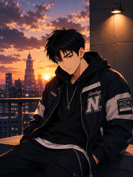 A stylish anime-style young man in a black "Racing N07" jacket poses on a rooftop at sunset with a city skyline behind him, capturing a confident, "alpha" morning energy that matches the post's empowering "GM Royal frens" message.