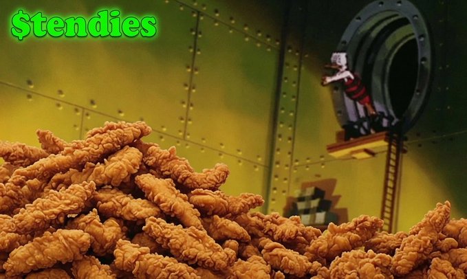 A mound of fried chicken tenders in the foreground with a SpongeBob SquarePants scene in the background, labeled 'Stendies' in green text.