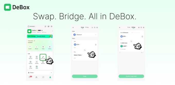 Advertisement for DeBox wallet featuring the tagline 'Swap. Bridge. All in DeBox.' with three mobile app screens demonstrating the swap and bridge features with cursor pointers.