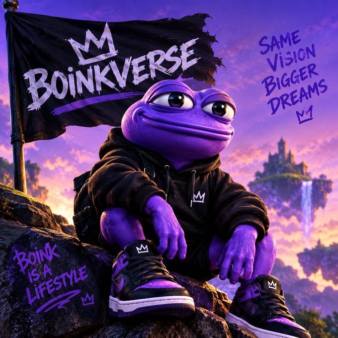 A digital illustration features a purple Pepe the Frog character wearing a black hoodie and sneakers, sitting on a rock with a "Boinkverse" flag behind him and text reading "Same Vision Bigger Dreams" and "Boink is a lifestyle."