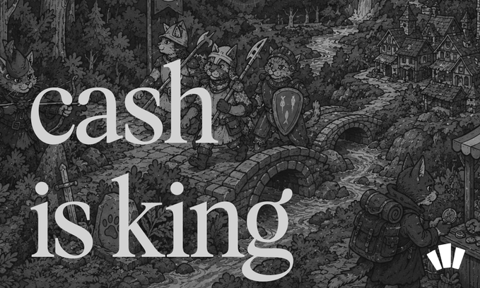 A grayscale fantasy illustration shows adventuring cat warriors crossing a stone bridge toward a village, overlaid with the bold text "cash is king," visually reinforcing the post's message that "vibe coded" memecoin launchpads lack real value and warning to "send $CASHCAT to zero."
