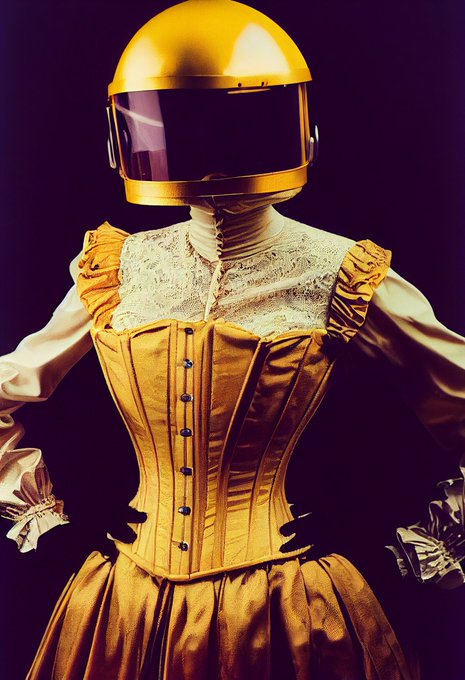 An artistic photo of a mannequin or figure wearing a golden motocross helmet with a dark visor, paired with a Victorian-style yellow corset and dress with lace detailing.