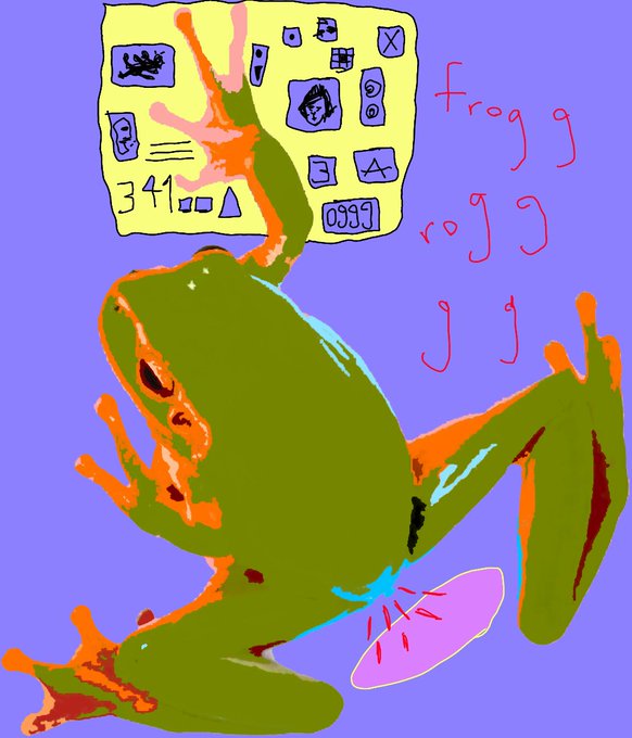 A colorful digital drawing of a green frog with orange markings on a purple background, labeled 'Froggy and J J J' with what appears to be a calculator or chart above its head.