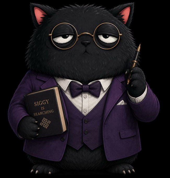 An illustrated black cat wearing glasses, a purple suit, and bow tie, holding a pen and a book that reads 'SIGGY IS SEARCHING'.