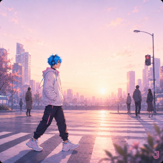 An anime-style character with blue hair and headphones crosses a street at sunset in a cityscape, wearing a pink hoodie and dark pants.