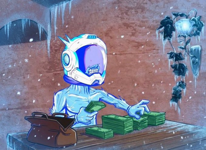 An illustration of a character in a futuristic astronaut-like helmet and frozen icy suit, counting stacks of green money on a wooden table, with a frozen hanging plant and brown bag nearby.