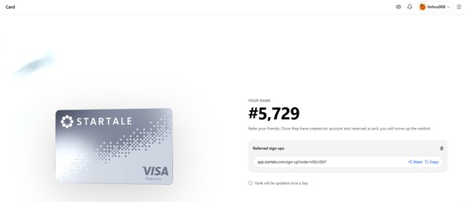 A 'STARTALE' VISA Platinum card displayed next to a user rank of #5,729 and a referral sign-up link on a white background.