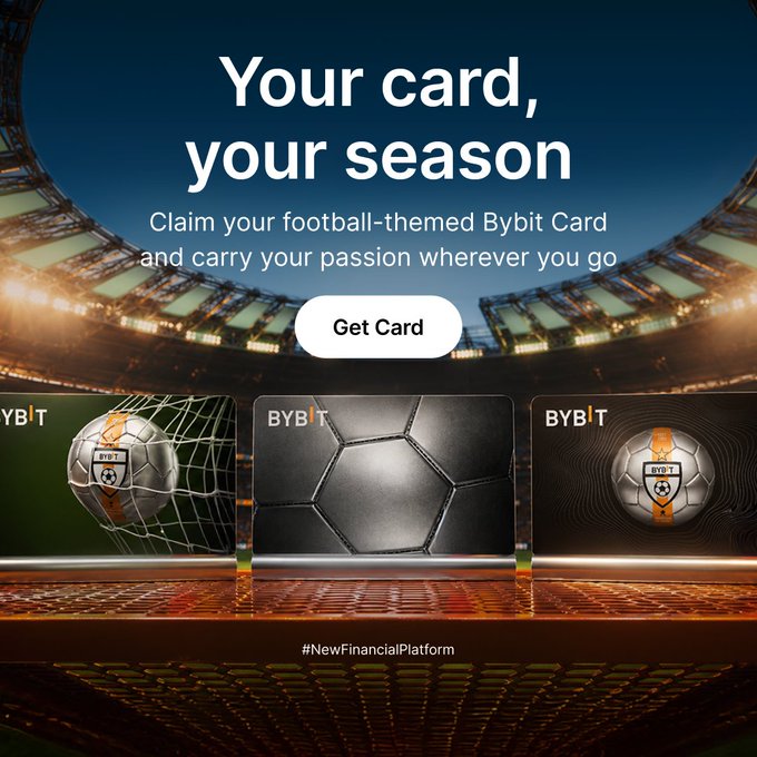 The image features a promotional poster for Bybit cards, which are designed with football themes. The poster showcases three different designs of football balls, each representing a unique design element from the Bybit card. These designs include a soccer ball, a rugby ball, and a football. The poster also includes text that encourages users to claim their Bybit Card and carry it around in their pocket or purse for cashback on everyday spending.