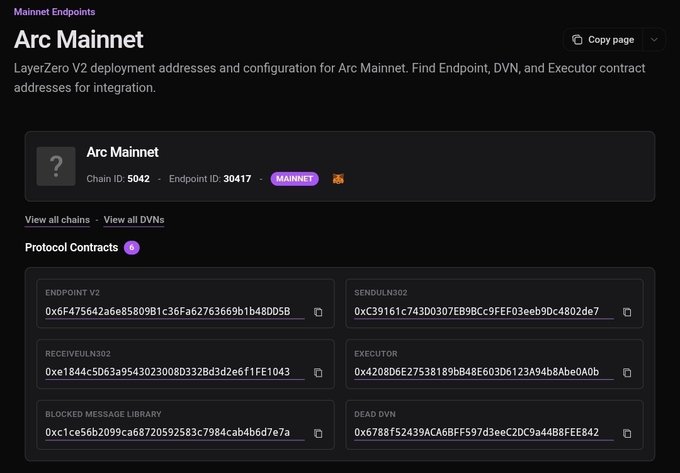 A documentation page for 'Arc Mainnet' showing LayerZero V2 deployment addresses and configuration, with Chain ID 5042, Endpoint ID 30417, and protocol contract addresses for Endpoint V2, SendUln302, ReceiveUln302, Executor, Blocked Message Library, and Dead DVN.