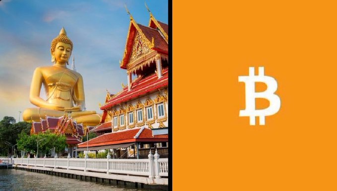 A split image showing a golden Buddha statue and ornate Thai temple on the left, paired with the white Bitcoin "₿" logo on an orange background on the right, visually representing Thailand's new policy eliminating capital gains tax on Bitcoin and cryptocurrency investments to attract digital asset capital.