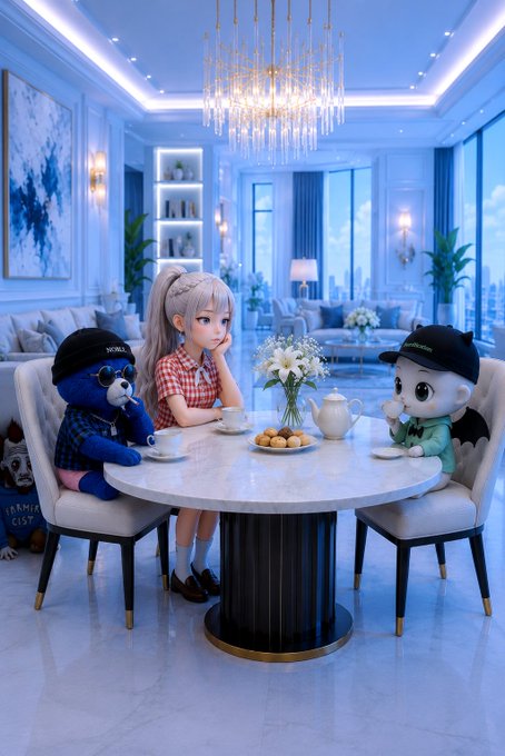 An anime-style scene featuring a girl having tea with two characters wearing caps in an elegant, blue-toned room with a chandelier.