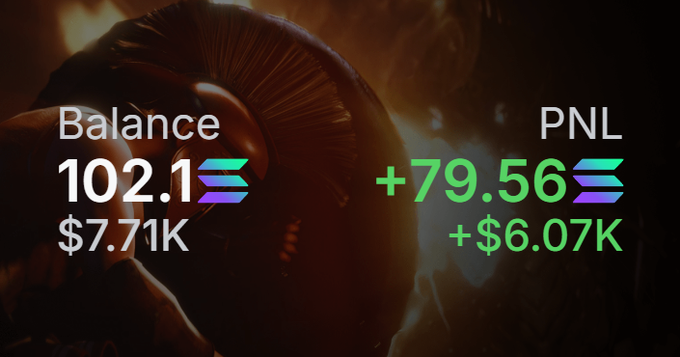 A Solana trading interface showing a balance of 102.1 SOL ($7.71K) and a PNL of +79.56 SOL (+$6.07K) in green, set against a dark, fiery background image.