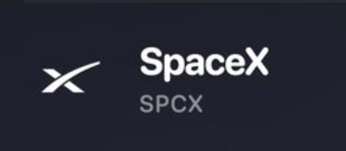 The SpaceX logo is displayed in white text on a dark background, accompanied by the ticker symbol 'SPCX'.