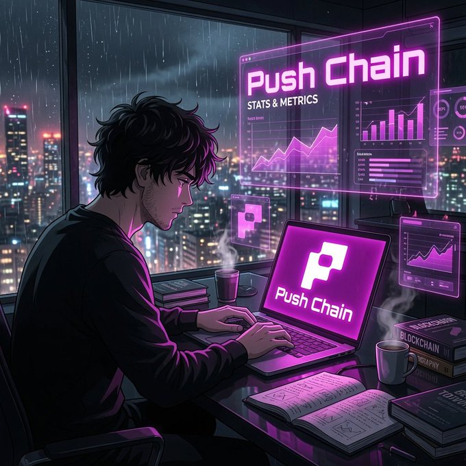 A developer works late into the night at his laptop displaying the "Push Chain" logo, surrounded by holographic dashboards showing stats and metrics for "TAP (Trustless Agents Plus)," visually reinforcing the post's message that the cross-chain agent infrastructure is already operational on Push Chain's Donut testnet. Books labeled "Blockchain" and notes scattered across his desk underscore the real, hands-on ecosystem development behind the live deployment.