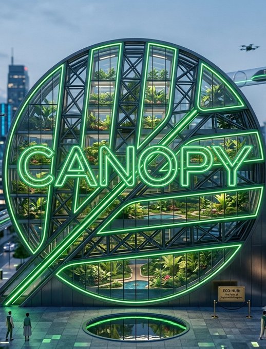 A futuristic eco-friendly building concept featuring a large circular glass structure filled with plants, illuminated with green neon 'CANOPY' lettering, labeled 'ECO-HUB: The Pulse of Sustainable Progress'.