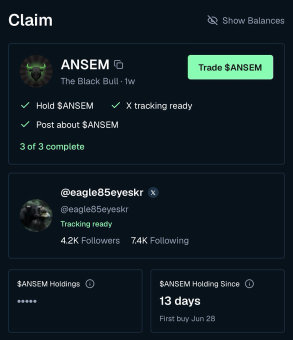 Another $ANSEM ('The Black Bull') Claim dashboard, this time for user @eagle85eyeskr showing $ANSEM holdings since 13 days (first buy Jun 28).
