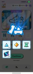 A mobile game screenshot shows a character customization screen displaying a blue, blocky, hooded figure under a shower head, with 'Continue' button and various item icons visible.
