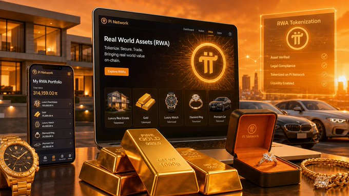 A promotional graphic for 'Pi Network' showcasing Real World Assets (RWA) tokenization, featuring a computer monitor and smartphone alongside gold bars, jewelry, watches, and a luxury car, with text 'Asset Verified' and 'Liquidity Enabled'.
