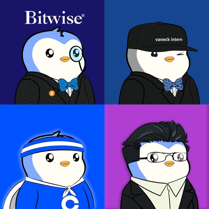 The image shows a 2x2 grid of stylized penguin mascots in different outfits: a "Bitwise" branded penguin with a monocle and bowtie (top-left), a "vaneck intern" cap-wearing penguin (top-right), a headband-wearing penguin with a "C" logo (bottom-left, referencing Coinbase), and a suited penguin with glasses (bottom-right). The caption "The next generation for markets will huddle" suggests these cartoon figures represent the youthful, internet-savvy investor demographic poised to drive the future of finance and crypto markets together.
