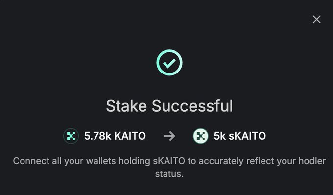 A dark interface showing a 'Stake Successful' confirmation message for staking 5.78k KAITO to receive 5k sKAITO.