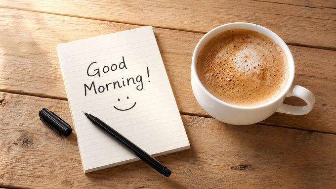 A handwritten note reading "Good Morning!" with a smiley face sits on a wooden table next to a black pen and a white mug of frothy coffee.