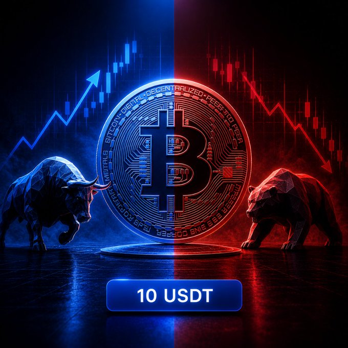 A large Bitcoin coin stands between a blue bullish bull on the left and a red bearish bear on the right, symbolizing the market's battle between upward recovery and further decline, with a "10 USDT" prize banner displayed below to promote a giveaway contest for predicting Bitcoin's next move.