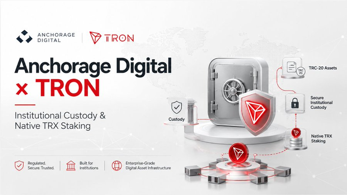 The image is a promotional graphic for Anchorage Digital's partnership with TRON, featuring logos for both companies and text reading "Anchorage Digital x TRON – Institutional Custody & Native TRX Staking." It also displays a 3D vault illustration alongside icons highlighting "TRC-20 Assets," "Secure Institutional Custody," "Custody," and "Native TRX Staking," reinforcing the post's message about expanding institutional-grade infrastructure on the TRON network.