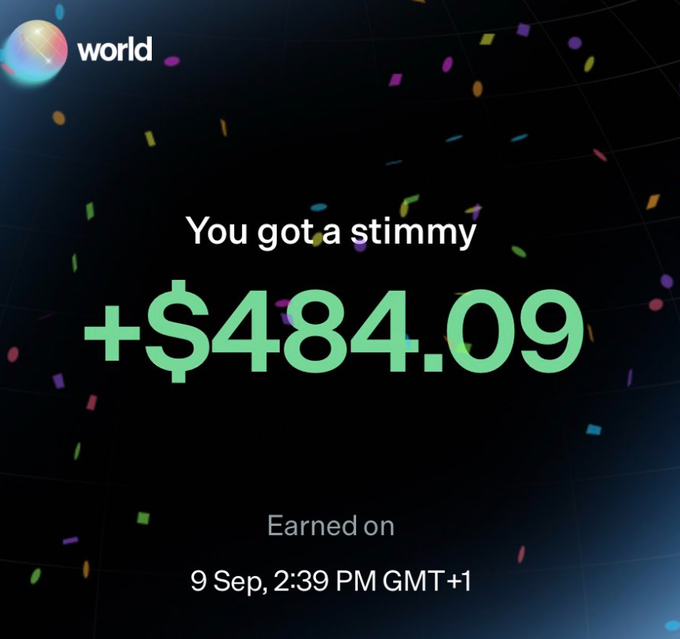 The image displays a World app notification celebrating a "$484.09" reward with the text "You got a stimmy," dated "9 Sep, 2:39 PM GMT+1," set against a confetti-filled dark background with the World logo in the corner. This visual illustrates the promised airdrop earnings from the World platform after completing the signup and first transaction steps outlined in the post.