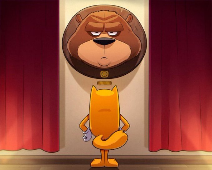A small orange cartoon character stands with its back to the viewer, gazing up at a large, smug bear head mounted on a wall like a trophy between red curtains. The image visually represents the caption's sentiment of triumphing over bearish market forces, with the bear literally "got what's coming to him" as a decorative mount.
